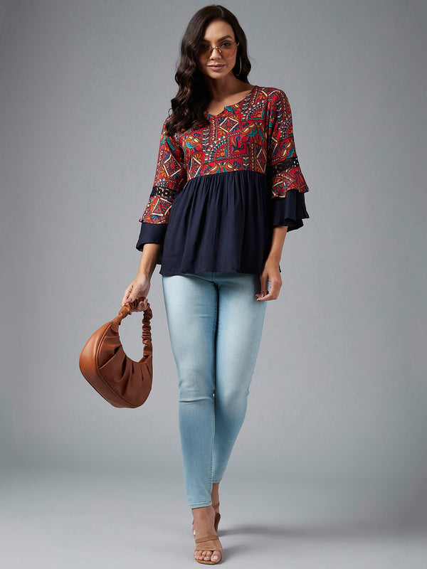 Red And Navy Ethnic Printed Gathered A-Line Top