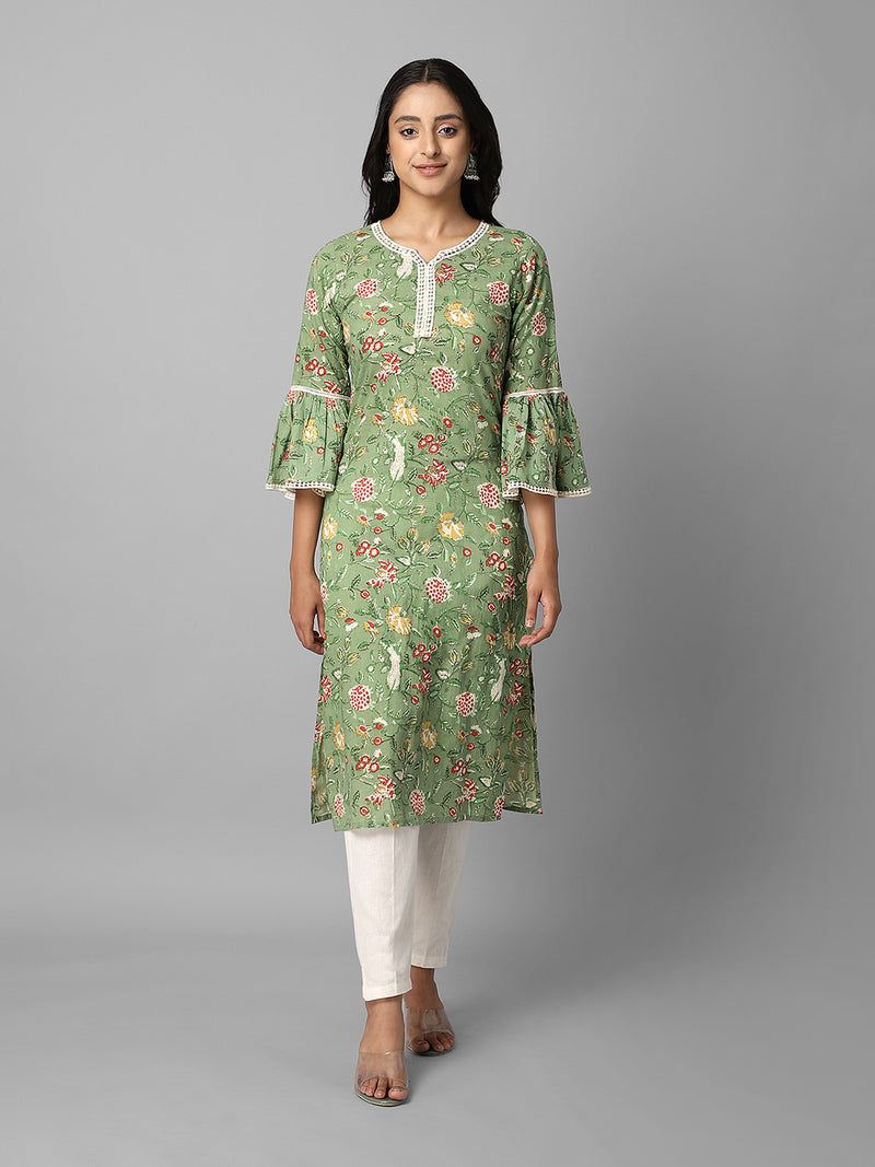 Green Floral Side Slit Straight Kurta