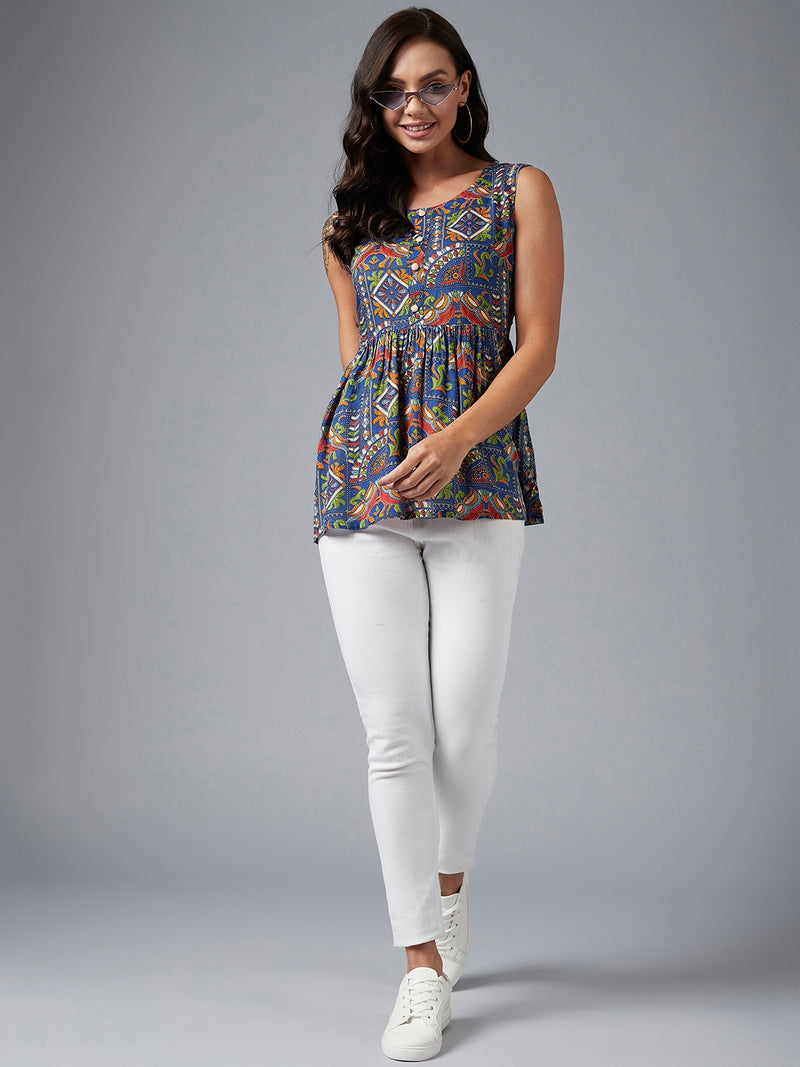 Blue And Maroon Ethnic Printed Sleeveless Gathered A-Line Top