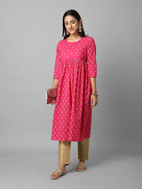 Gold Printed Magenta Ethnic Printed Gathered A-Line Kurta