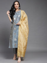 Grey Gold Printed Side Slit Straight Kurta And Solid Palazzo And Dupatta Set