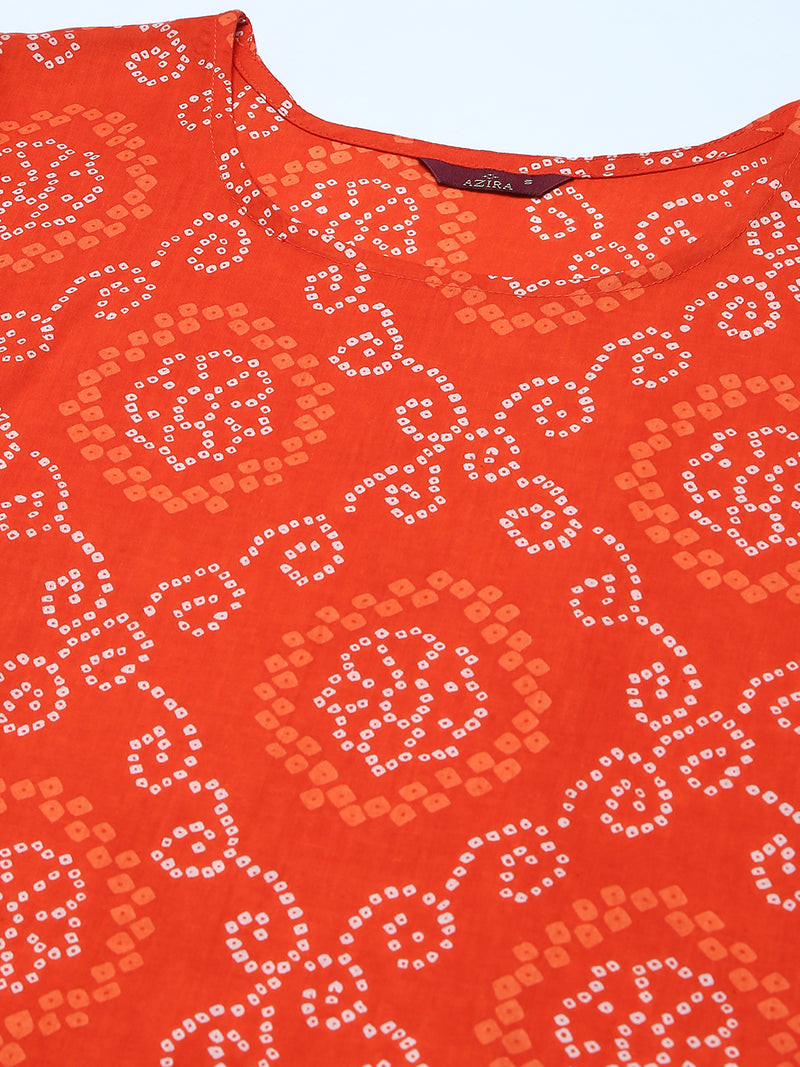 Orange And White Bandhani Printed A-Line Kurta