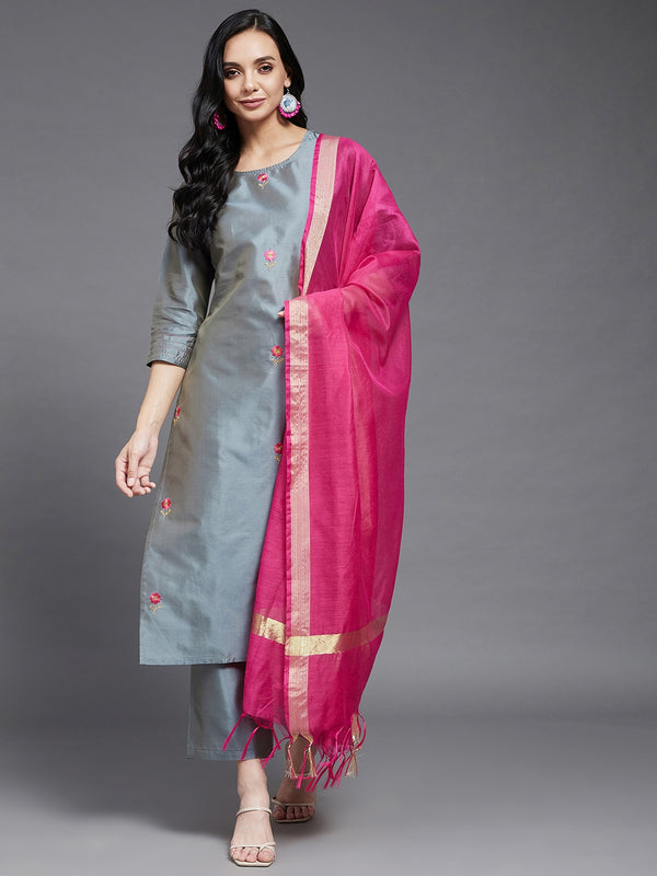 Solid Grey Embroidered Side Slit Straight Kurta Palazzo And Dupatta Set