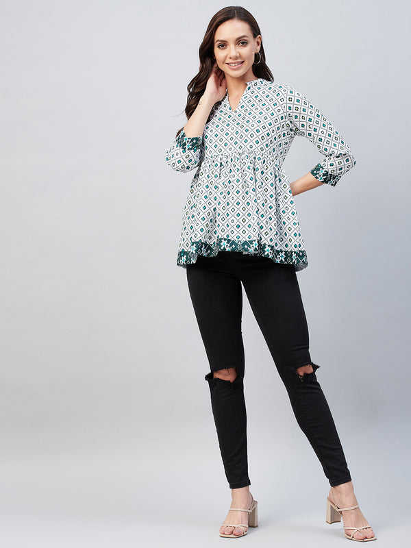 White And Green Geometric Printed Gathered A-Line Top