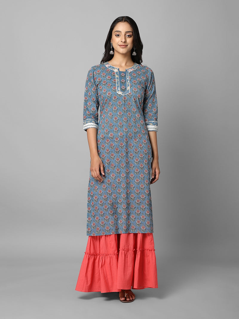 Grey And Pink Ethnic Floral Printed Side Slit Straight Kurta