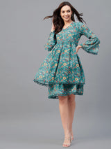 Green floral Printed Gathered A-Line Dress