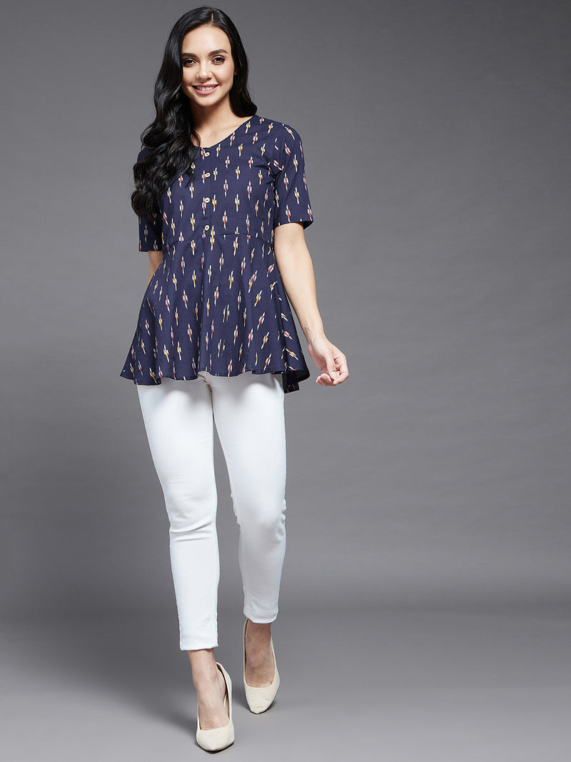 Navy Blue Ikkat Printed A-Line Top