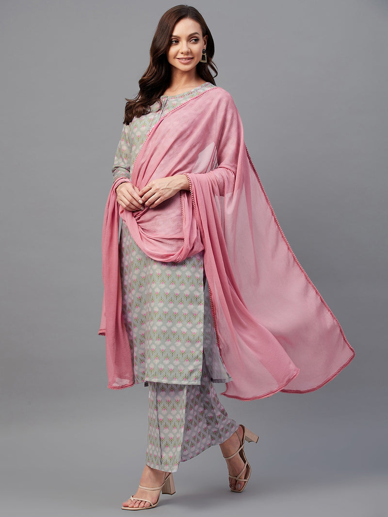 Grey And Pink Floral Printed Side Slit Straight Kurta Palazzo And Dupatta Set