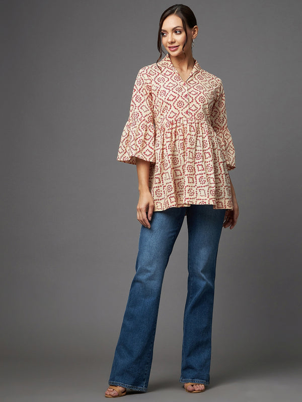 Cream And Red Bandhani Printed Gathered A-Line Top