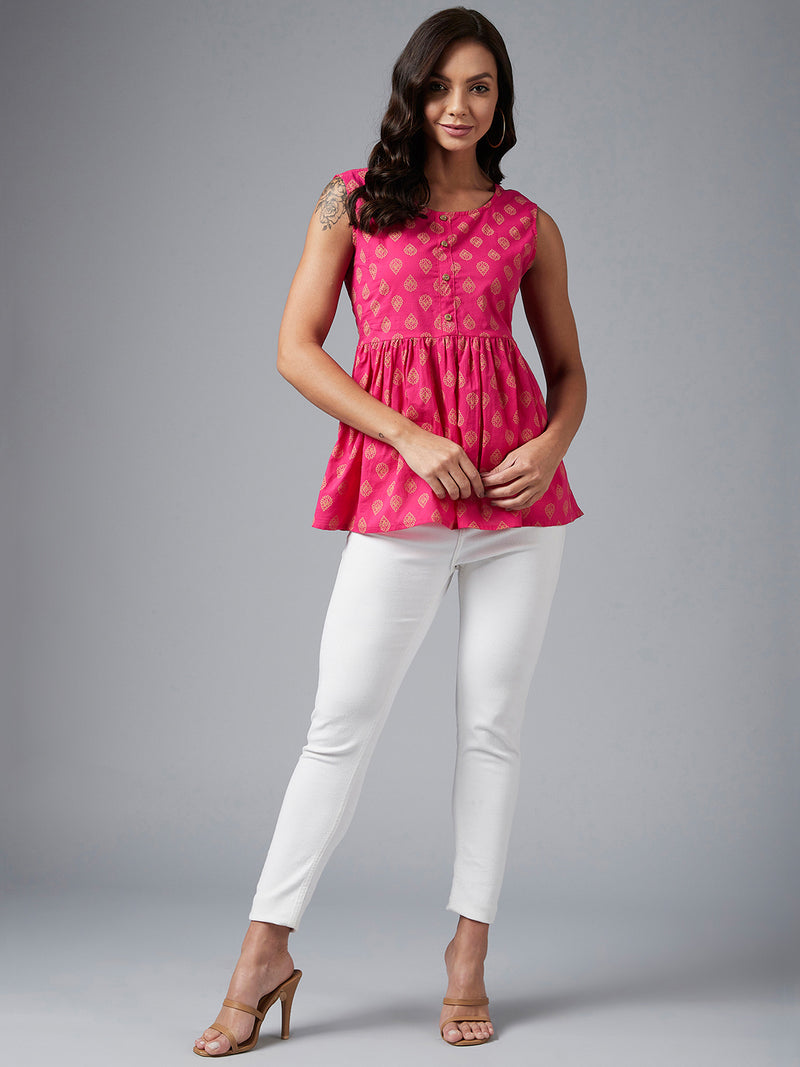 Magenta Ethnic Gold Printed Sleeveless A-Line Top