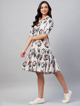 Beige And Red Floral Printed Button Down Gathered A-Line Dress