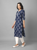 Navy Blue Ethnic Printed Side Slit Straight Kurta