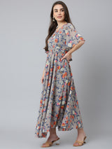 Grey Floral Printed Georgette Printed A-Line Dress