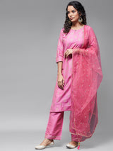 Hand Embroidered On Neck With Solid Trouser And Net Duppata