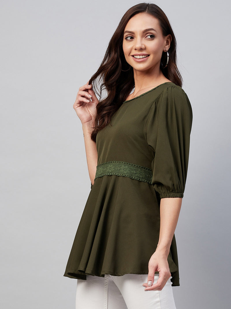 Solid Olive Gathered A-Line Top