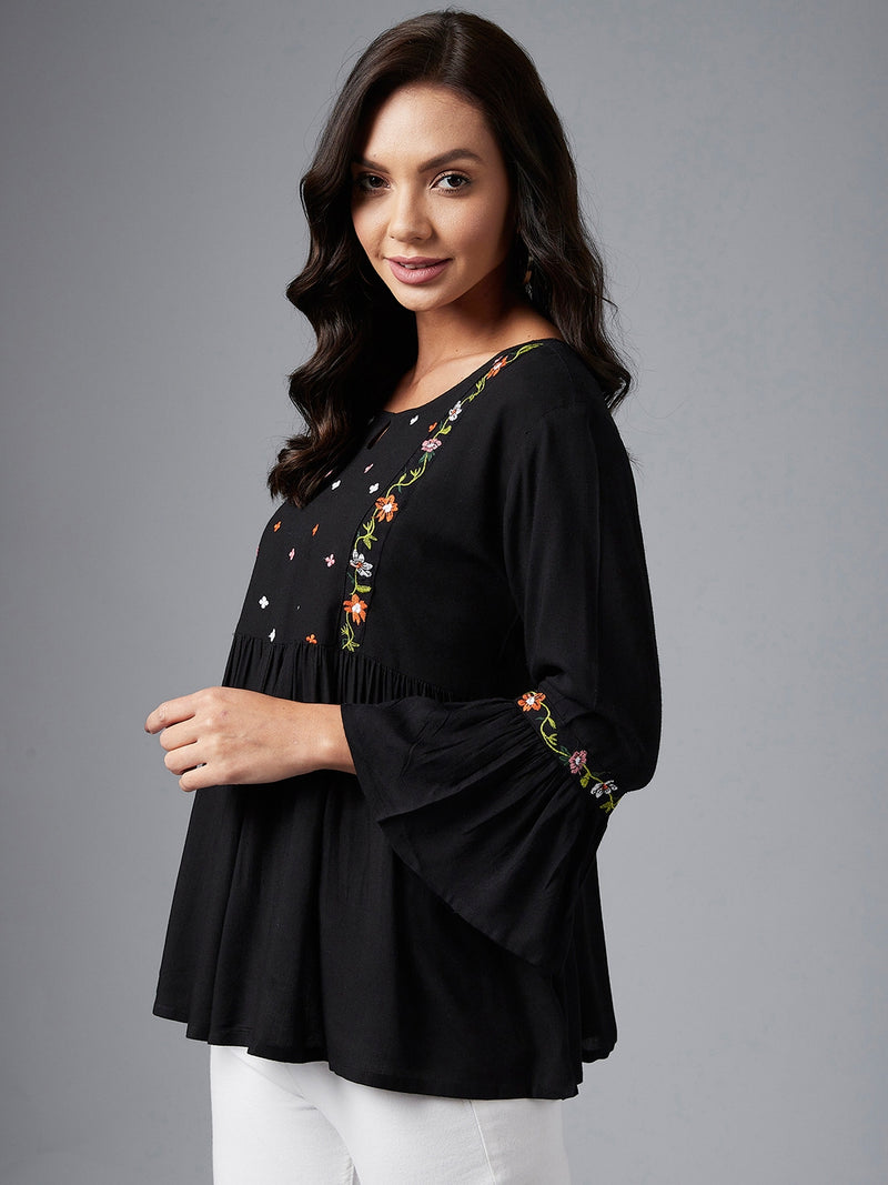 Solid Black Embroidered Gathered A-Line Top