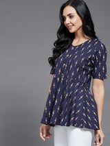 Navy Blue Ikkat Printed A-Line Top