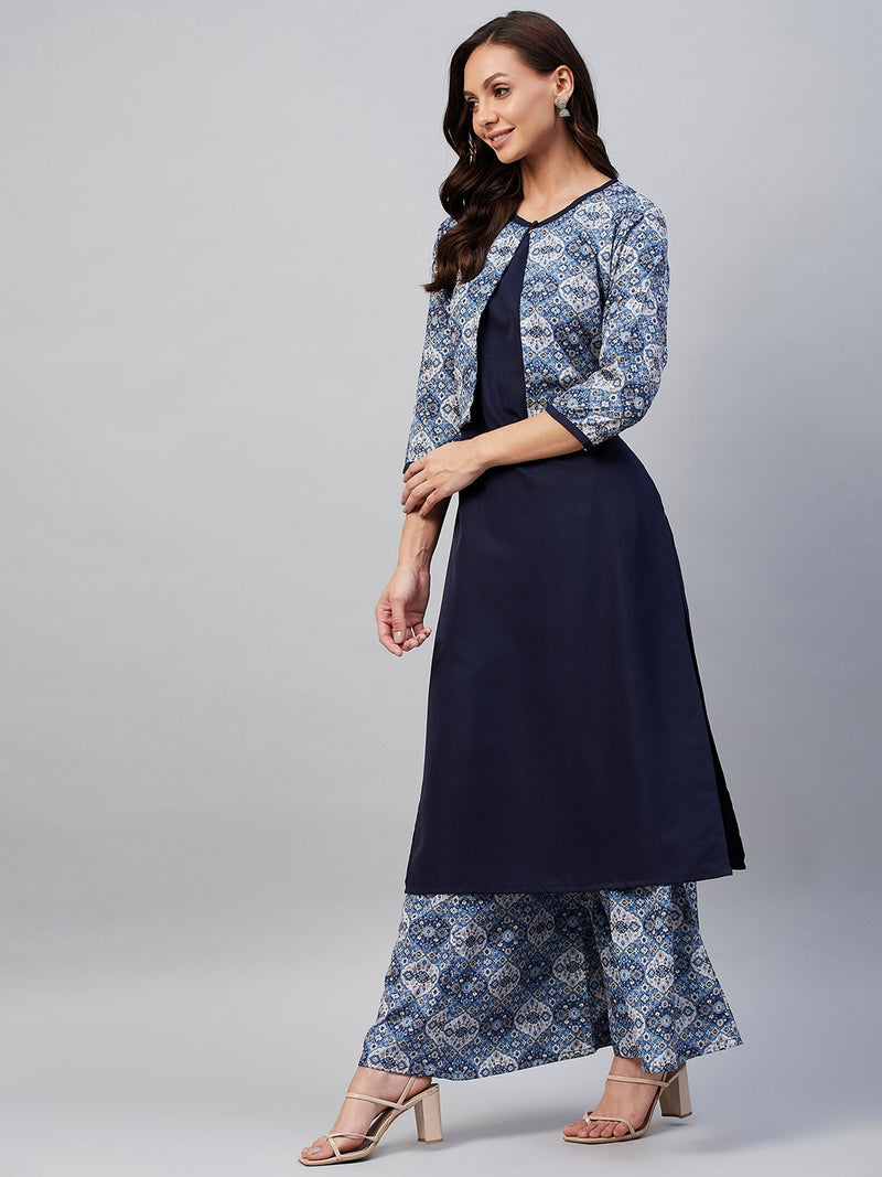 Navy Blue Ethnic Printed Side Slit Straight Kurta Palazzo And Jacket Set