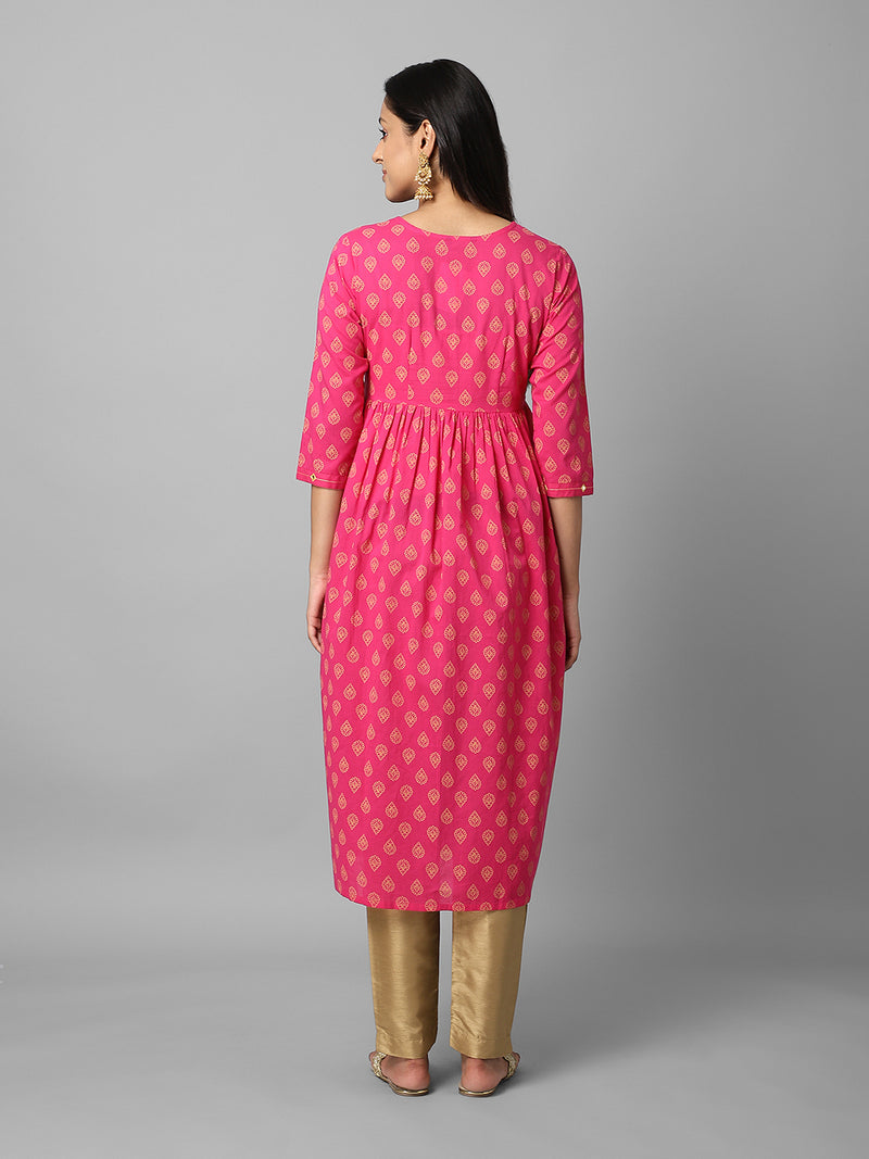 Gold Printed Magenta Ethnic Printed Gathered A-Line Kurta