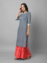 Grey And Pink Ethnic Floral Printed Side Slit Straight Kurta