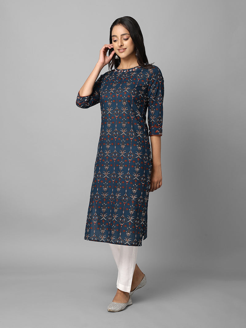 Dark Blue And Rust Ethnic Printed Side Slit Straight Kurta Having Mirror Work On Neck