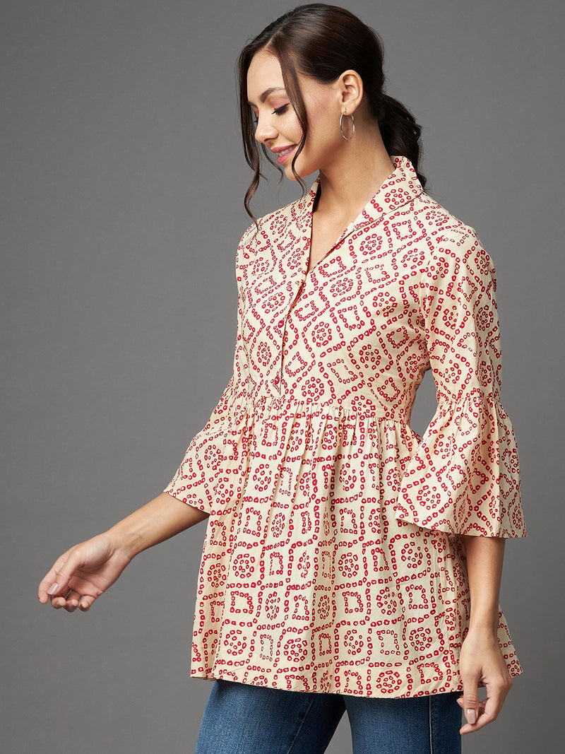 Cream And Red Bandhani Printed Gathered A-Line Top