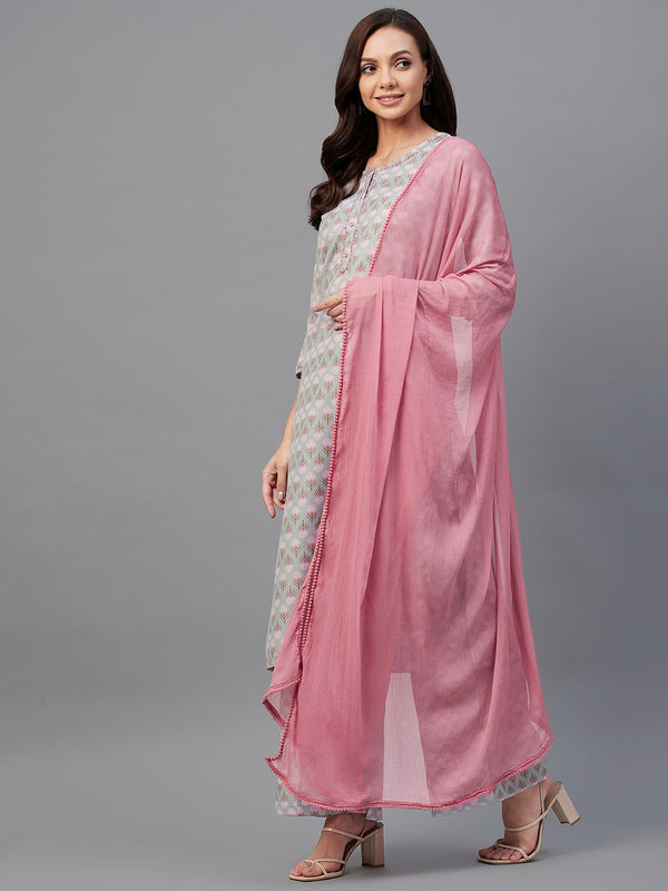 Grey And Pink Floral Printed Side Slit Straight Kurta Palazzo And Dupatta Set