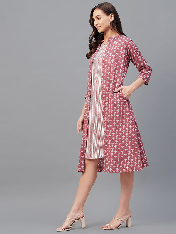 Mauve Color Print Tunic With Jacket Dress