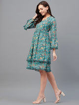 Green floral Printed Gathered A-Line Dress