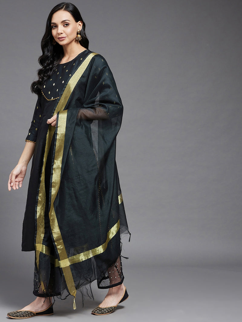 Solid Black Gold Printed Side Slit Straight Kurta Palazzo And Dupatta Set