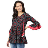 Black And Red Bandhani Printed Gathered A-Line Top