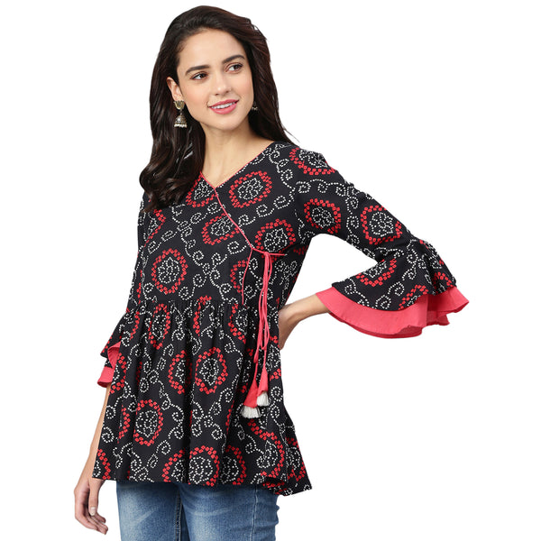 Black And Red Bandhani Printed Gathered A-Line Top