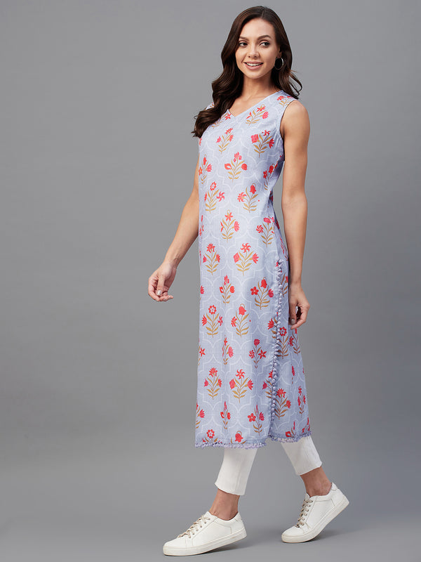 Lavender Floral Printed Sleeveless Side Slit Straight Kurta