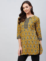 Olive Ethnic Printed Side Slit Straight Kurti