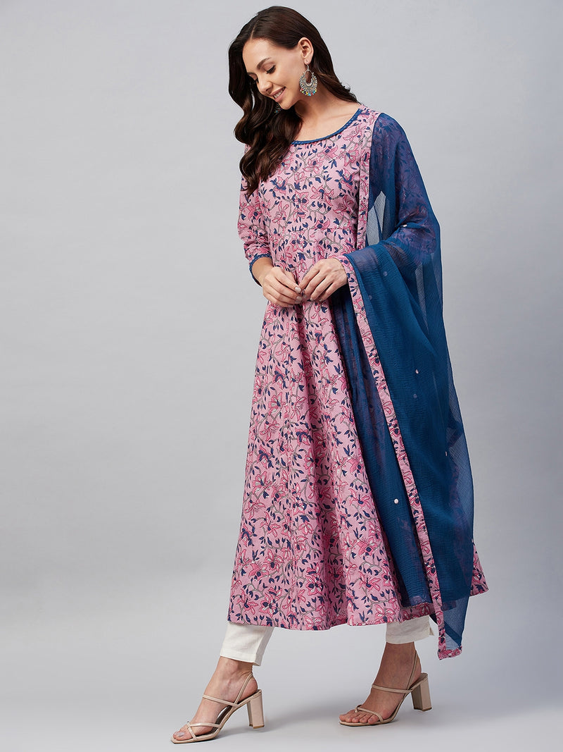 Pink And Blue Floral Printed Anarkali Kurta And Dupatta