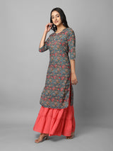 Green And Pink Floral Side Slit Straight Kurta