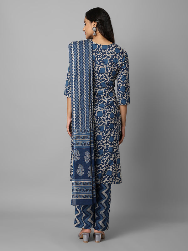 Navy Blue Printed Side Slit Straight Kurta Palazzo And Dupatta Set