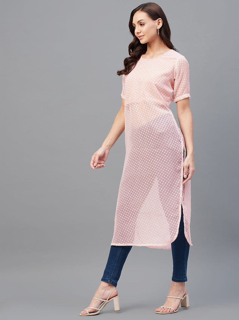 Pink Dobby Side Slit Straight Kurta