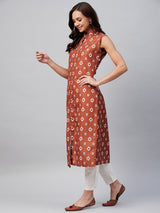 Rust And White Geometric Printed Side Slit Button Down Straight Kurta