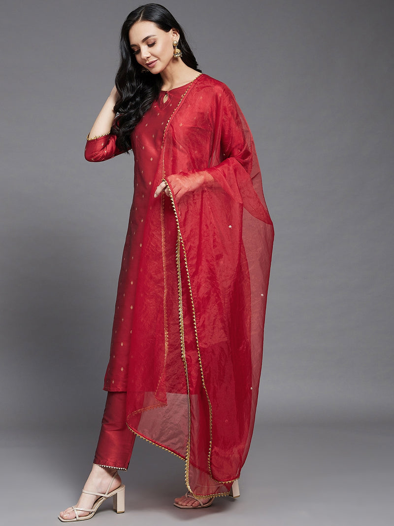 Red Gold Printed Side Straight Kurta And Palazzo And Embroidered Dupatta Set