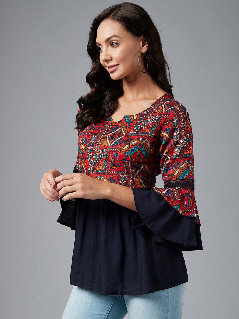 Red And Navy Ethnic Printed Gathered A-Line Top