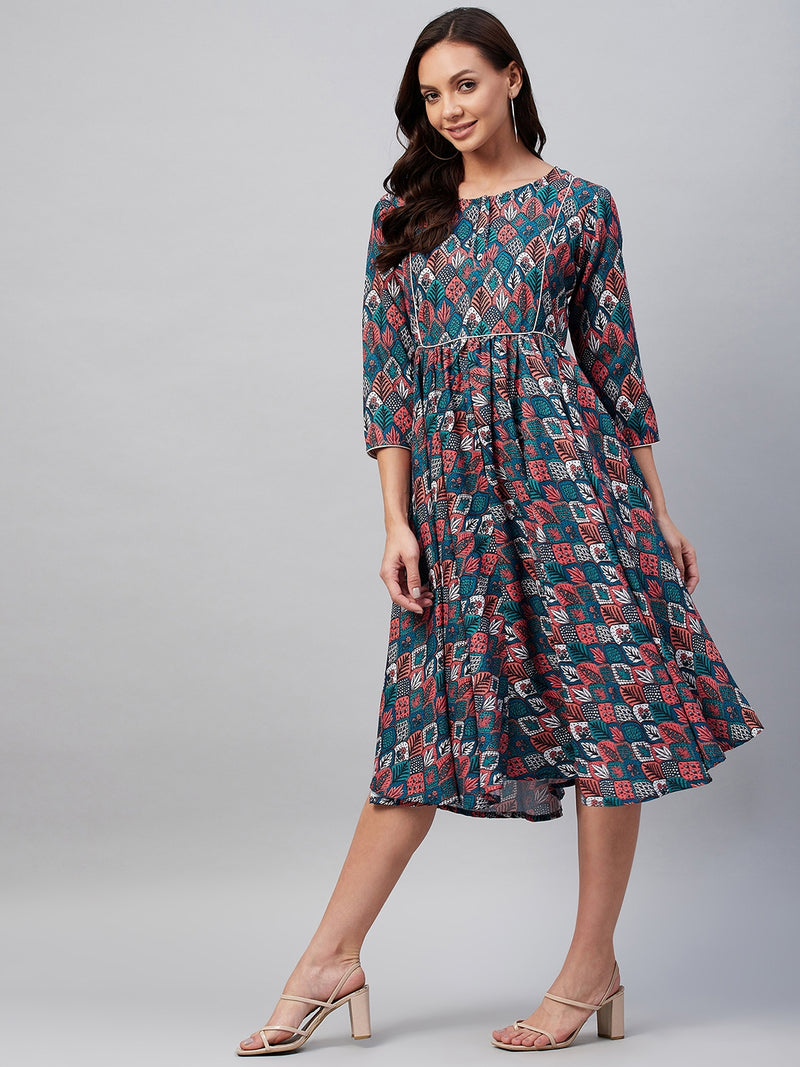 Multi Color Ethnic Printed Gathered A-Line Dress