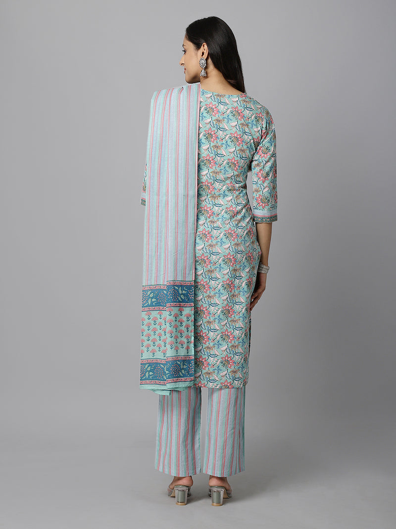 Green And Pink Floral Printed Side Slit Straight Kurta With Palazzo And Dupatta Set