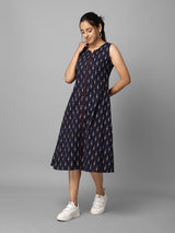 Navy Blue Ikkat Printed A-Line Dress Having Pocket