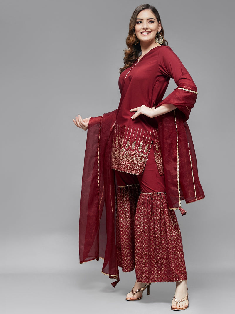 Foil Print Short Kurta With Sharara And Dupatta