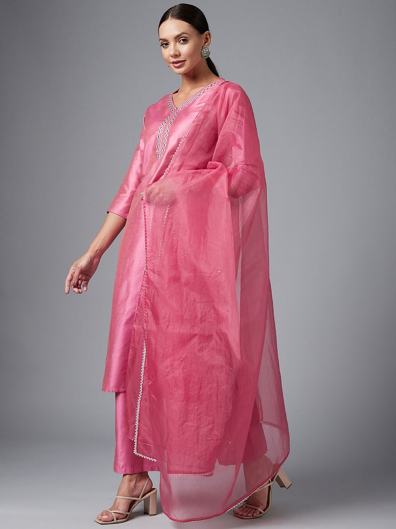 Pink Solid Embroidred Side Slit Straight Kurta Palazzo And Dupatta Set