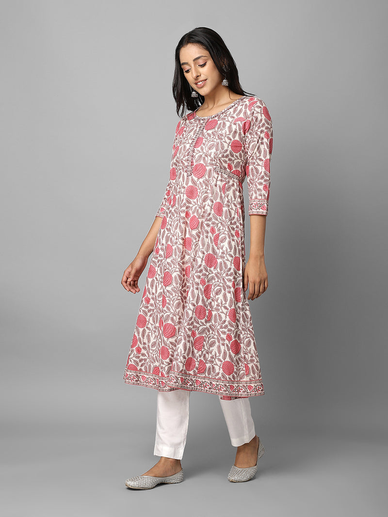 Cream And Pink Floral Printed Anarkali Kurta