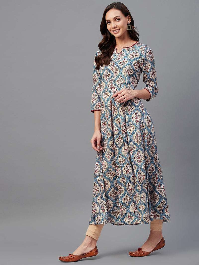 Beige And Maroon Printed Anarkali Kurta