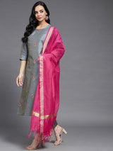 Solid Grey Embroidered Side Slit Straight Kurta Palazzo And Dupatta Set