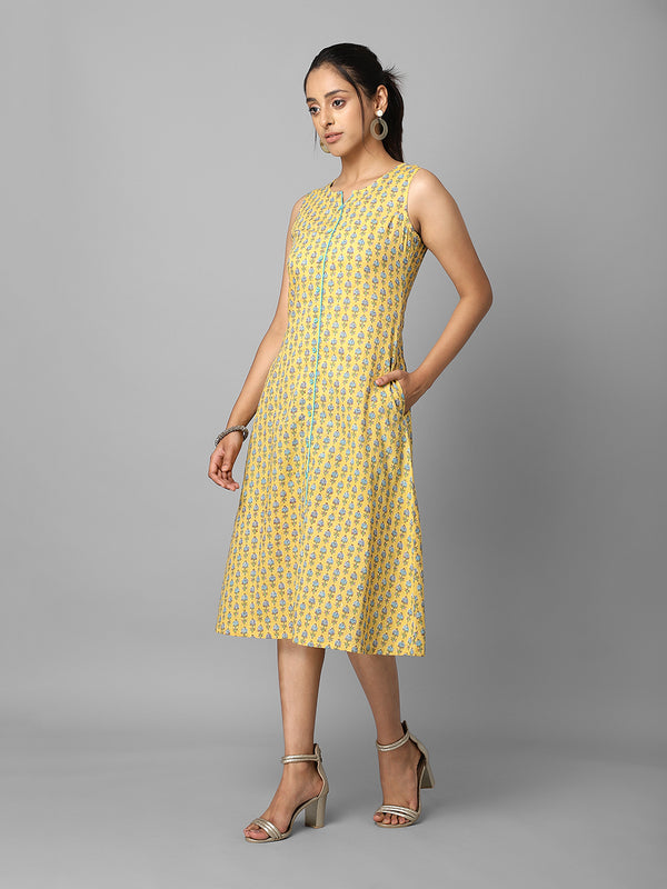 Yellow Ethnic Printed Button Down A-Line Dress